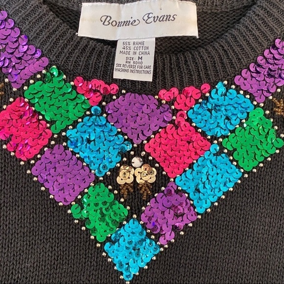BONNIE EVANS Vintage 80’s Black Sequin Sweater Size M - Picture 8 of 8